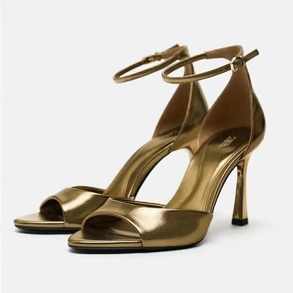 ZARA ANKLE STRAP HEELED METALLIC SANDALS - Picture 2 of 10